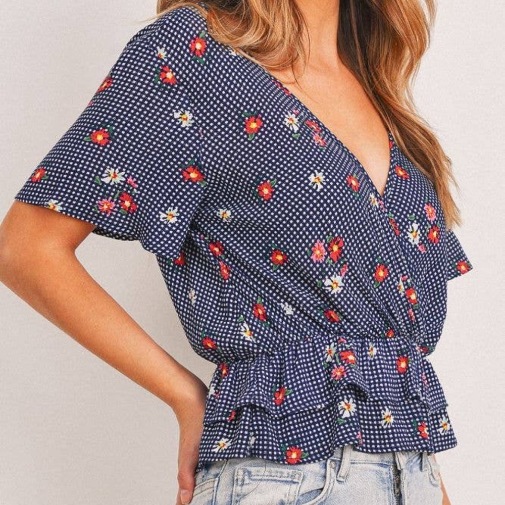 NWT Navy Blue Gingham Floral Print Open Back Short Sleeve Top - Picture 6 of 7